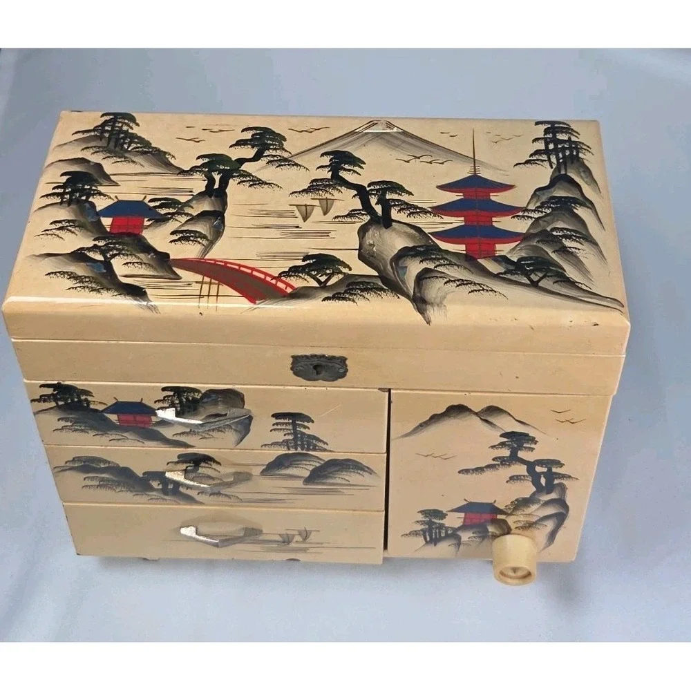 Japanese Lacquer‎ Three Drawer Lock Top with Key Jewelry and Music Box SEE PICS